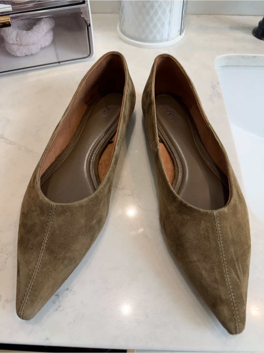 ZARA Women's Olive Green Pointed Suede Flats